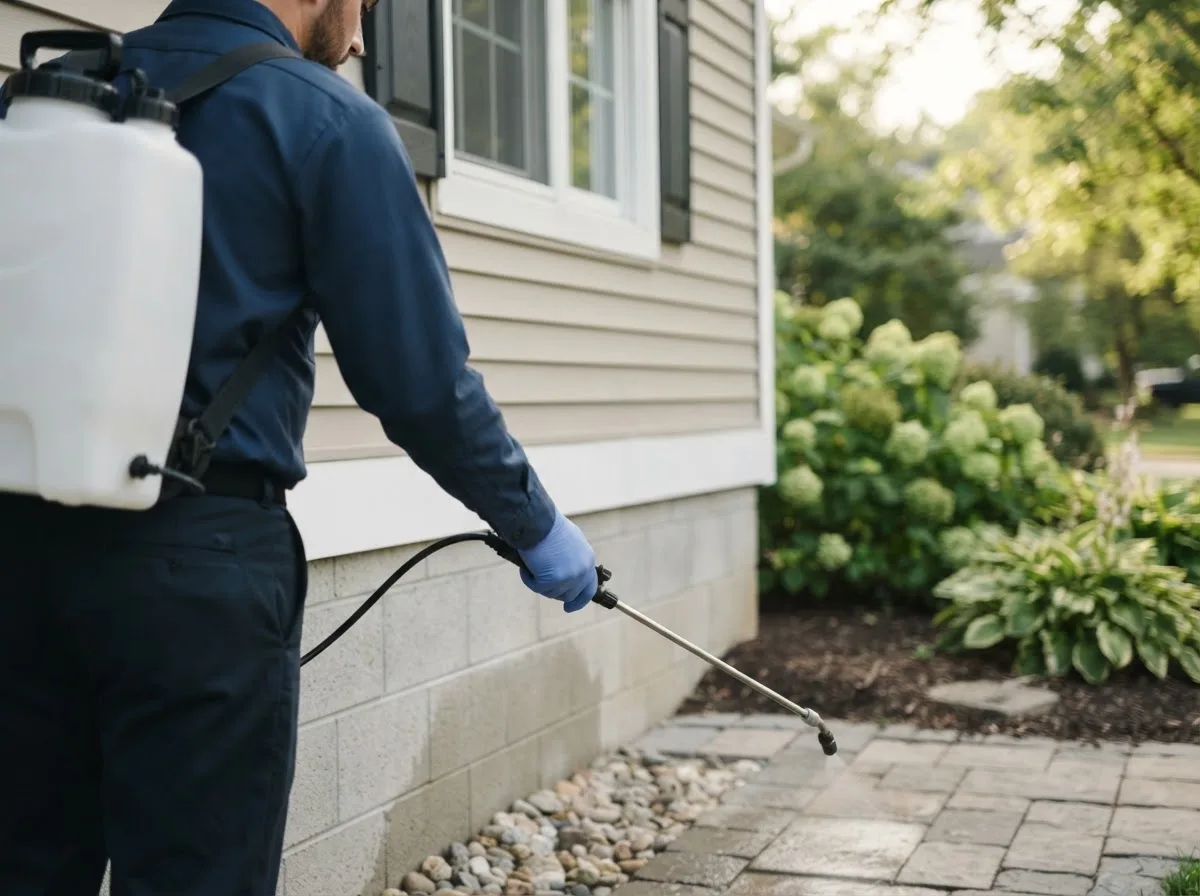 Pest control technician inspecting a home in Balmorhea, TX